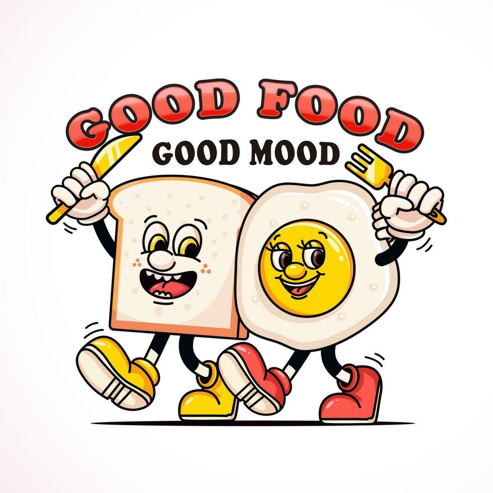 Sunny-side up bread and eggs will be breakfast, retro mascot character. Suitable for logos, mascots, t-shirts, stickers and posters vector