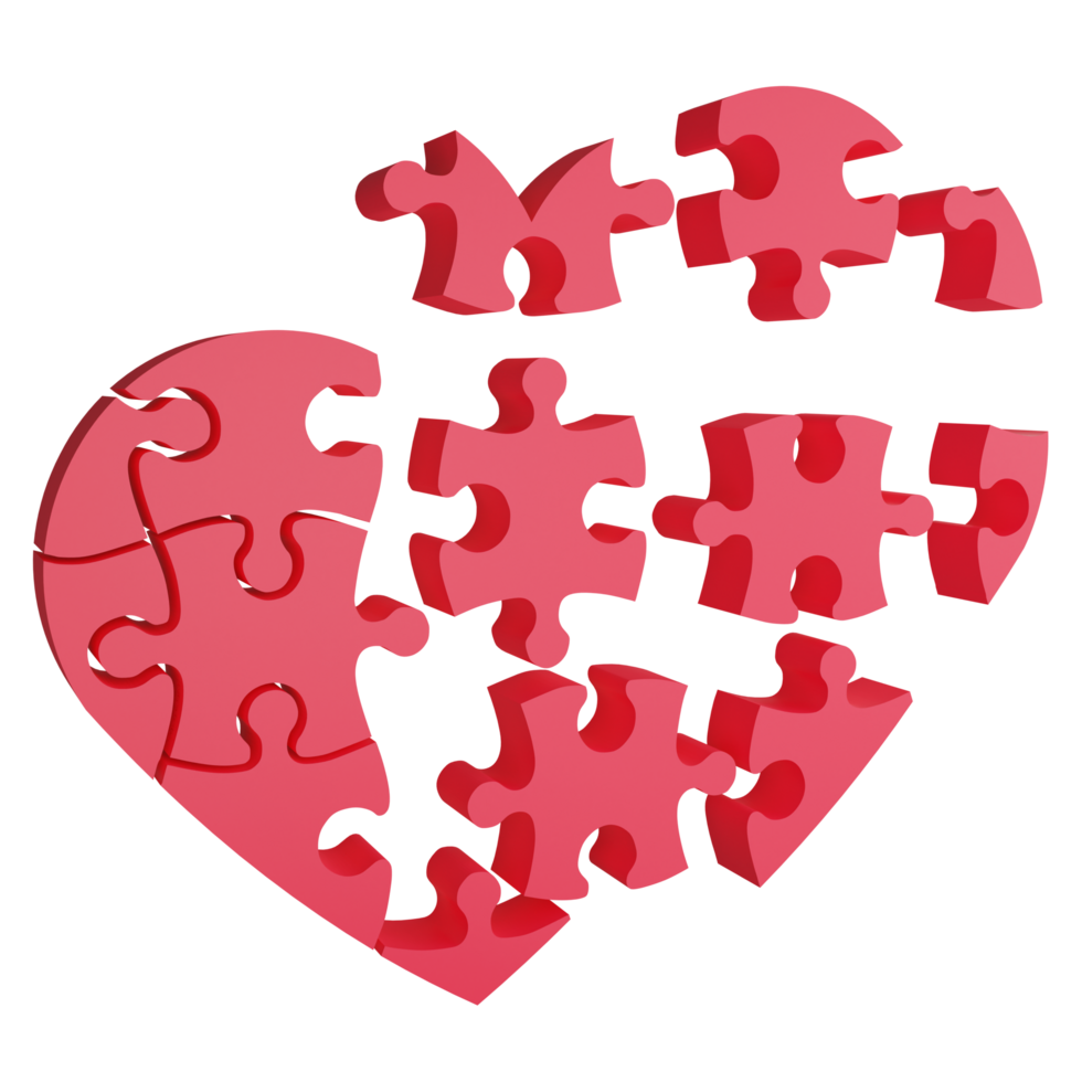 Combination of heart jigsaw clipart flat design icon isolated on transparent background, 3D render Valentine concept png