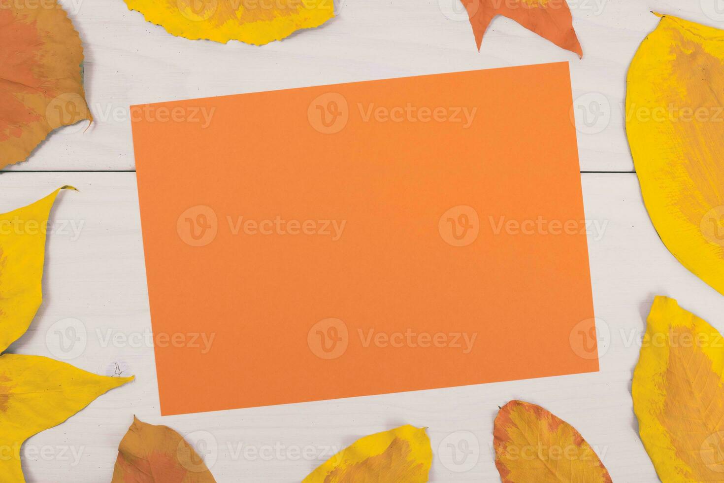 Autumn leaves and orange paper on a white wooden background photo