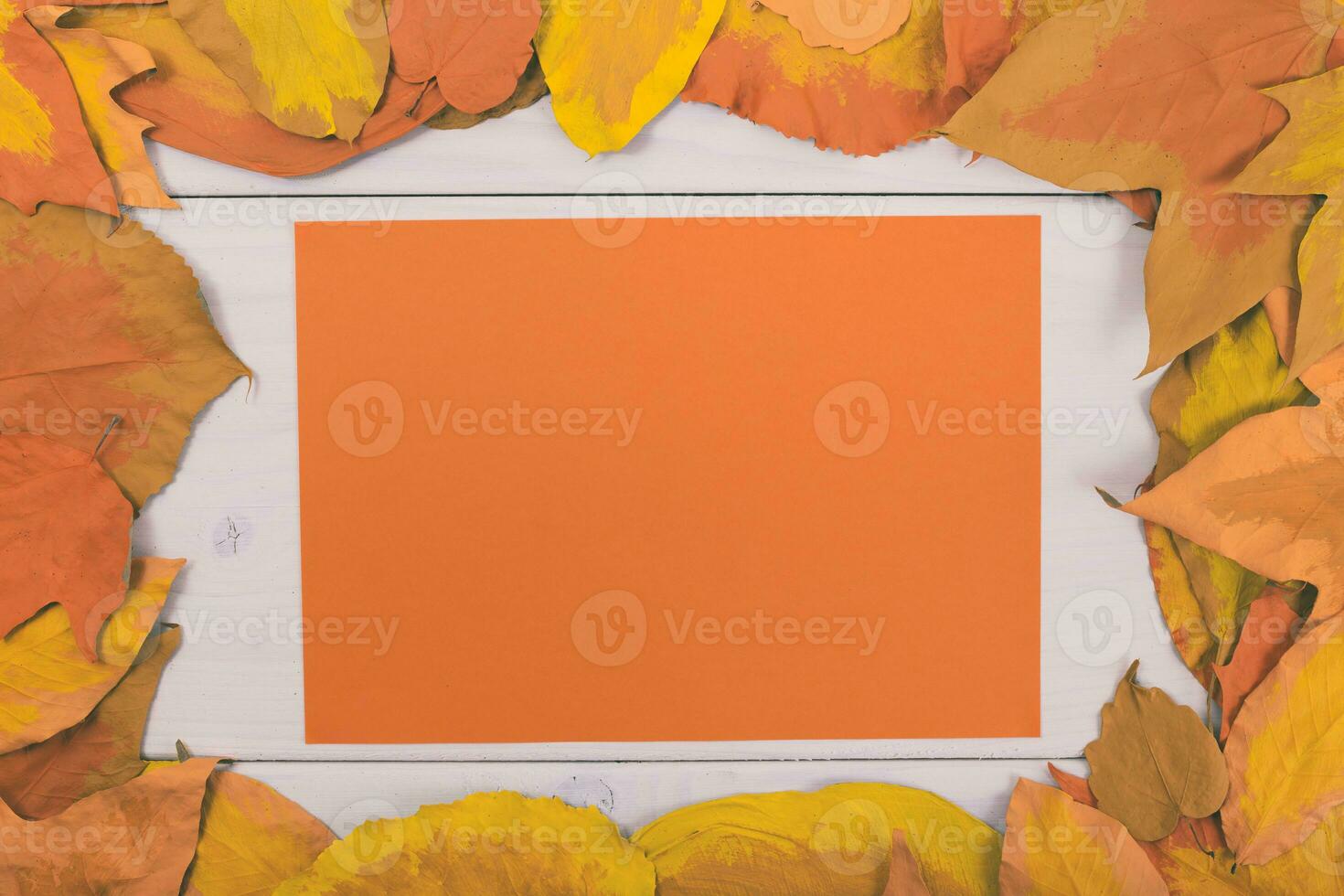 Autumn leaves frame and orange paper on white wooden background photo