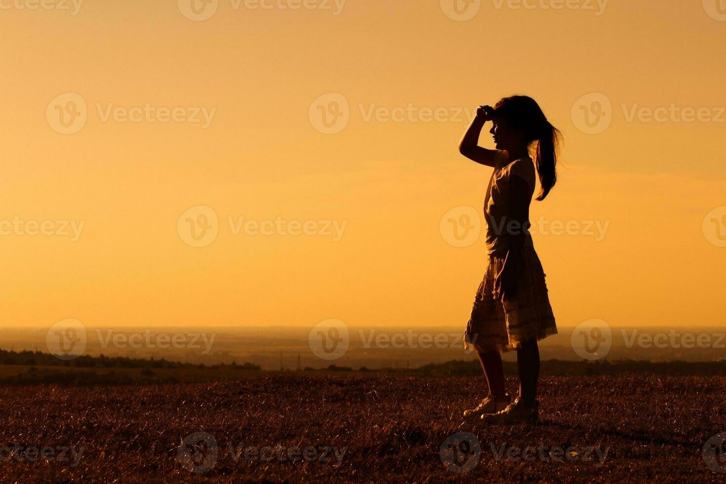 pequeño niña disfruta en puesta de sol foto