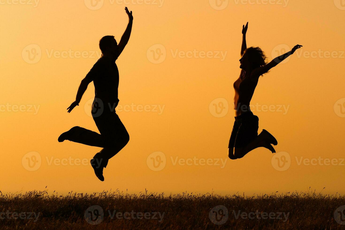 Silhouette of happy couple jumping in the nature photo