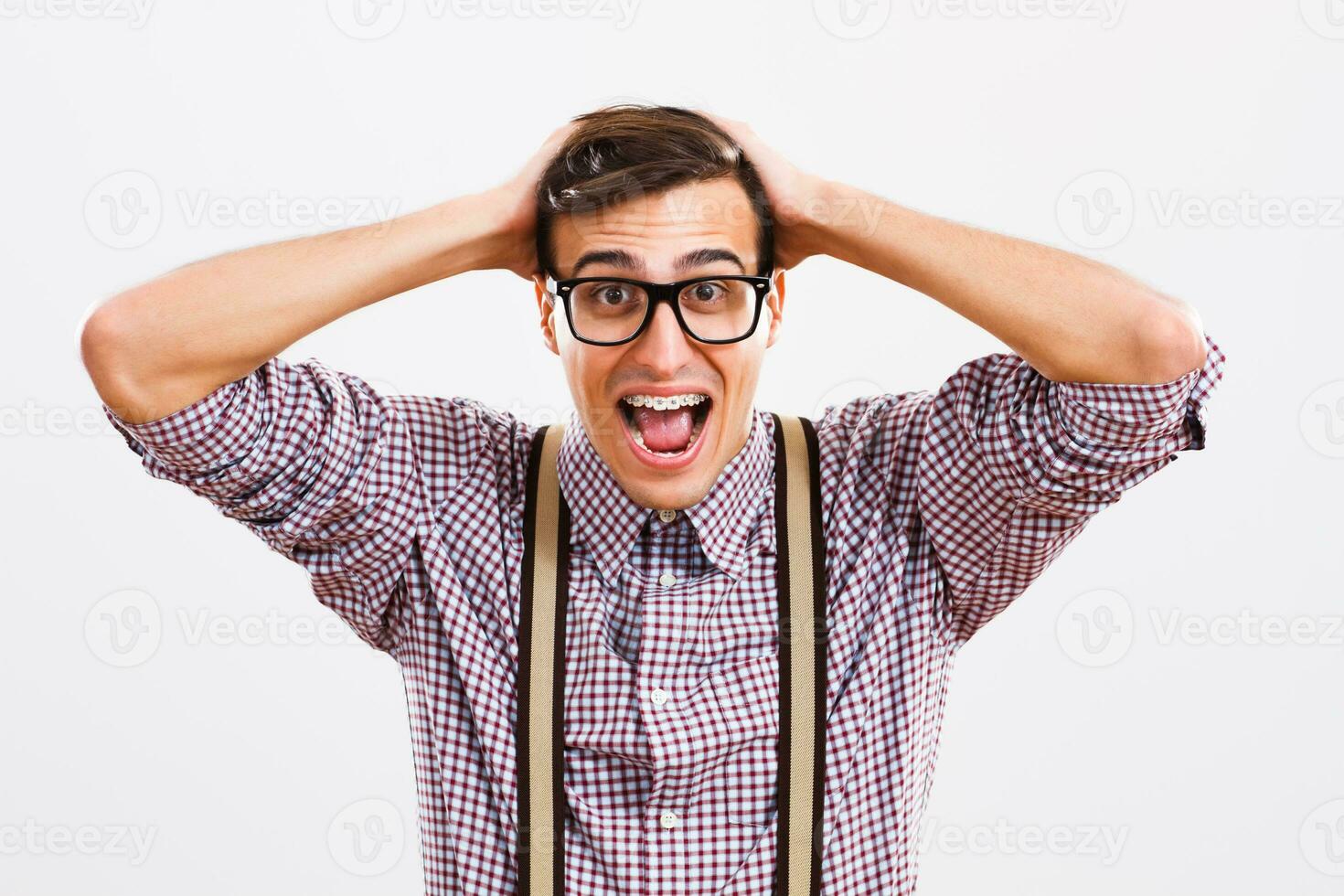 Frustrated nerdy man photo