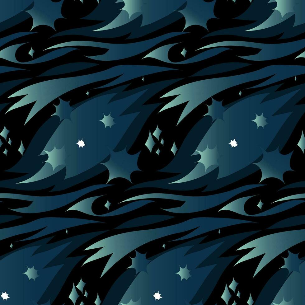 Vector dark blue seamless pattern with cosmic nebulae. Transition, gradient in blue colors. A space adventure. Abstract background with stars and clouds. Vector texture