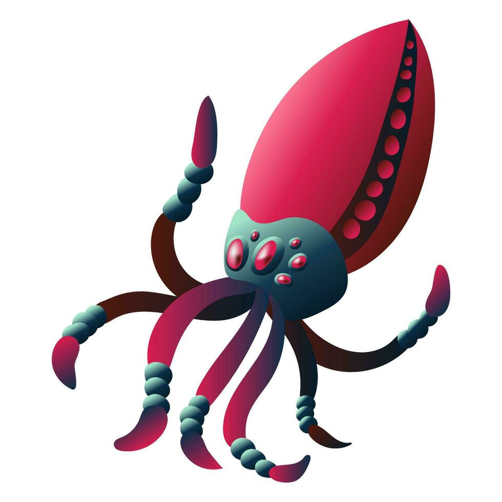 A space insect in the form of a squid or octopus with tentacles. A mechanical insect in blue and pink colors is isolated on a white background. Vector gradient illustration of an alien insect