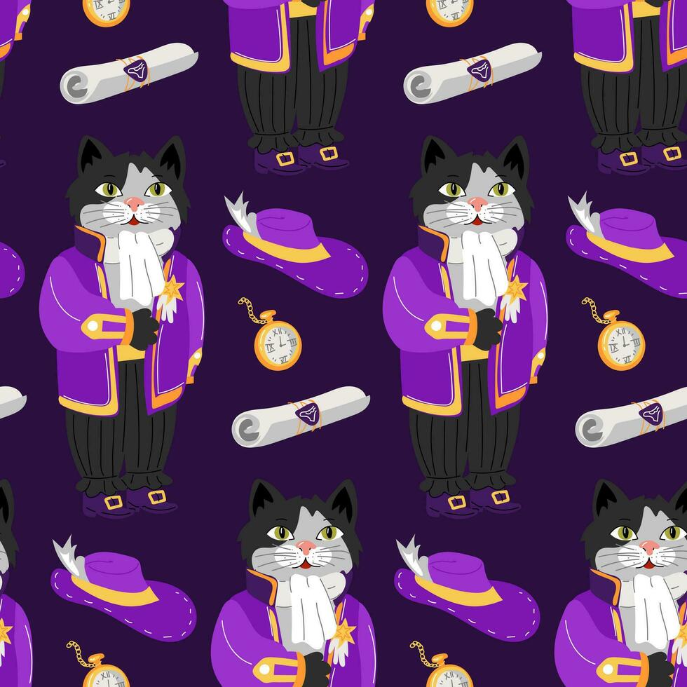 Cat pattern in a retro ballroom costume. A noble outfit of the 19th century with additional accessories. Bundle, a watch, a hat, a reward. Ballroom outfits. Texture animal in ballroom costumes on dark vector