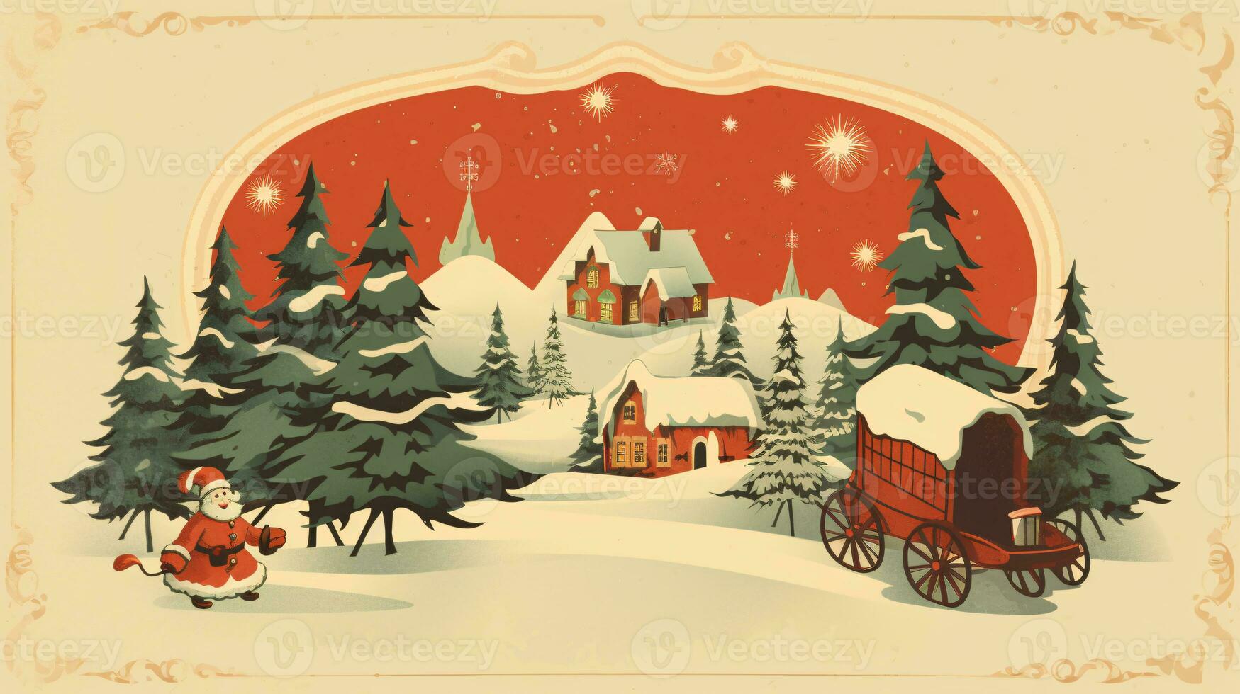 AI generated Ready to use Christmas holiday vintage postcard, with holiday feelings, in the holiday spirit. photo