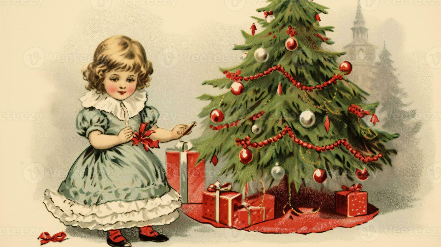 AI generated Ready to use Christmas holiday vintage postcard, with holiday feelings, in the holiday spirit. photo