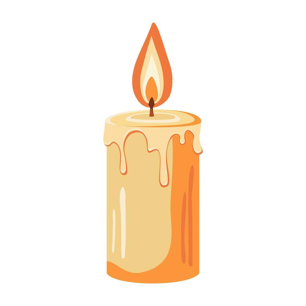 Burning wax candle. Candle icon or symbol. Burning candle isolated on white background. Decorative holiday decoration. Flame symbol. Vector illustration.