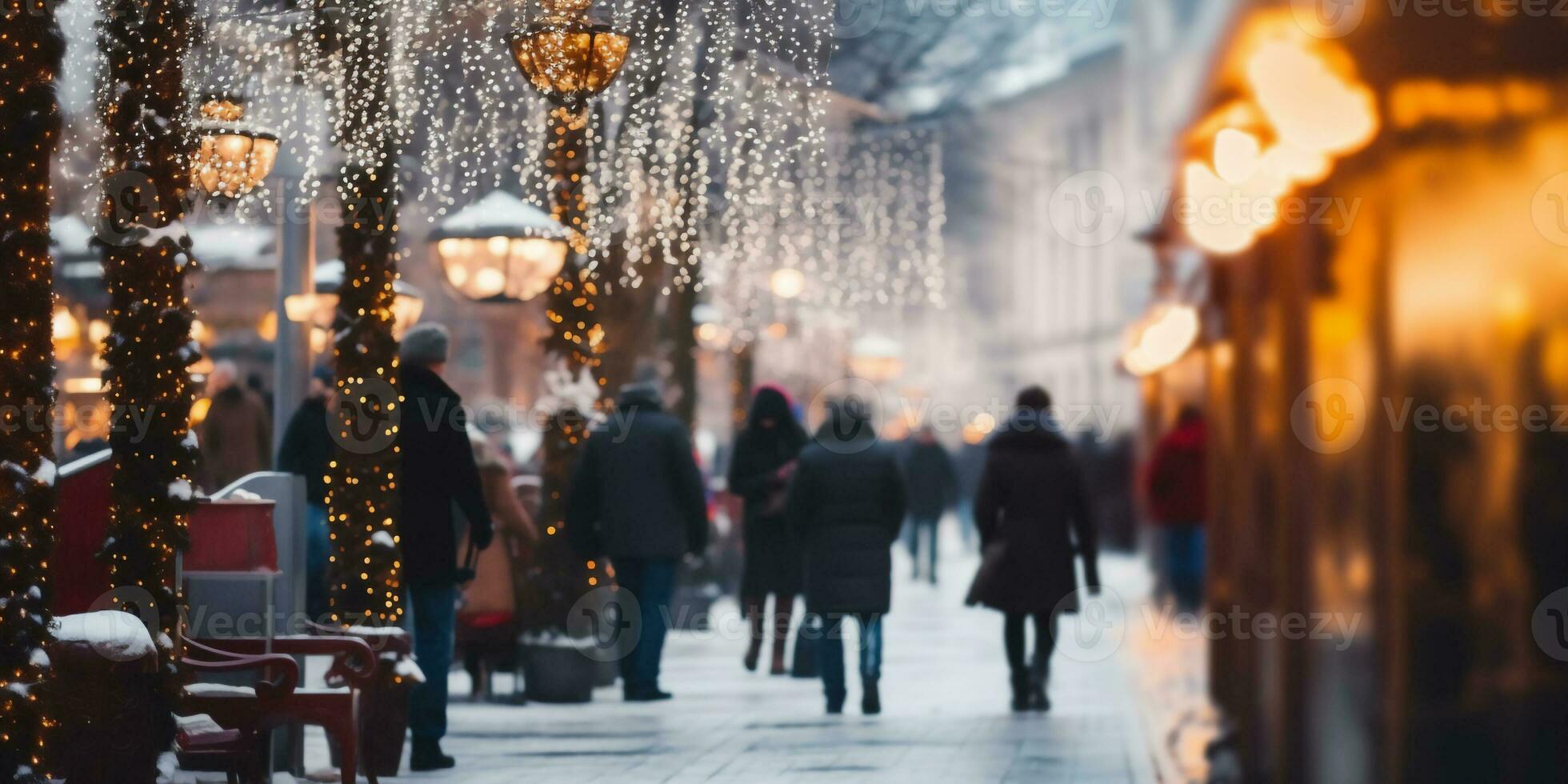 motion blurred street view and motion blurred prople walking along the street in winter season,winter Christmas market photo