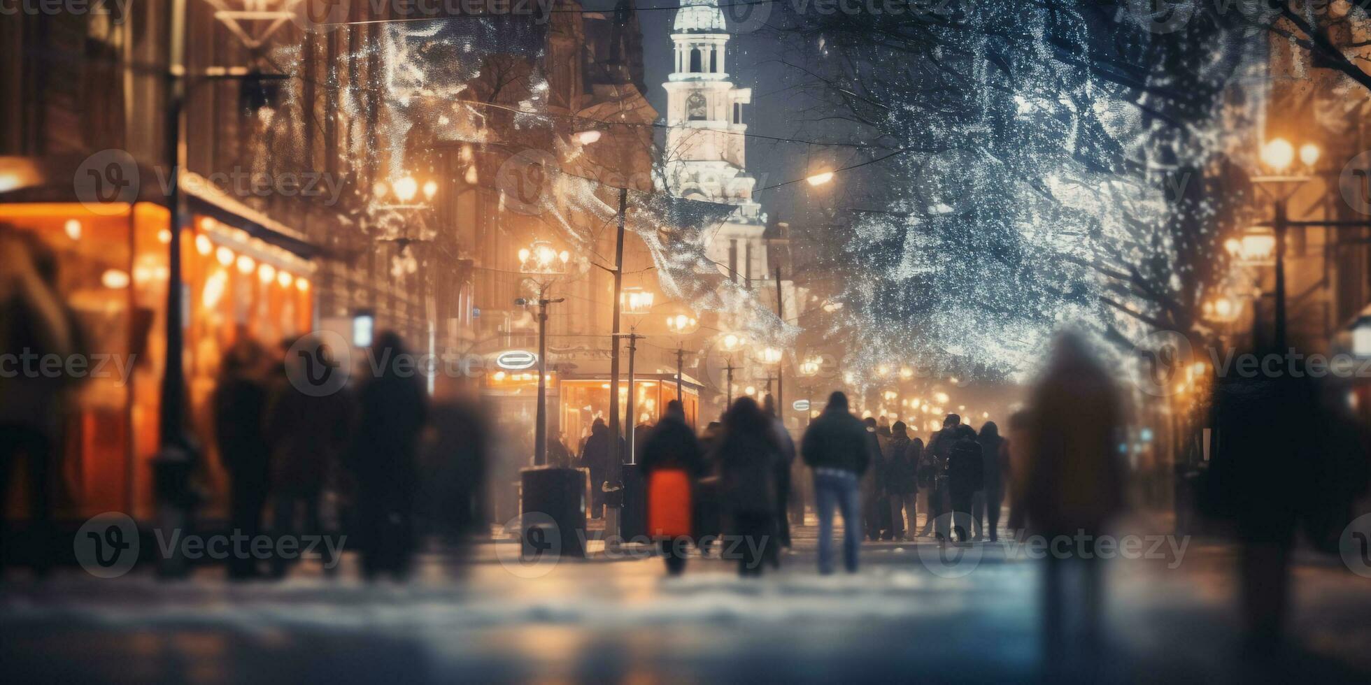 motion blurred street view and motion blurred prople walking along the street in winter season,winter Christmas market photo