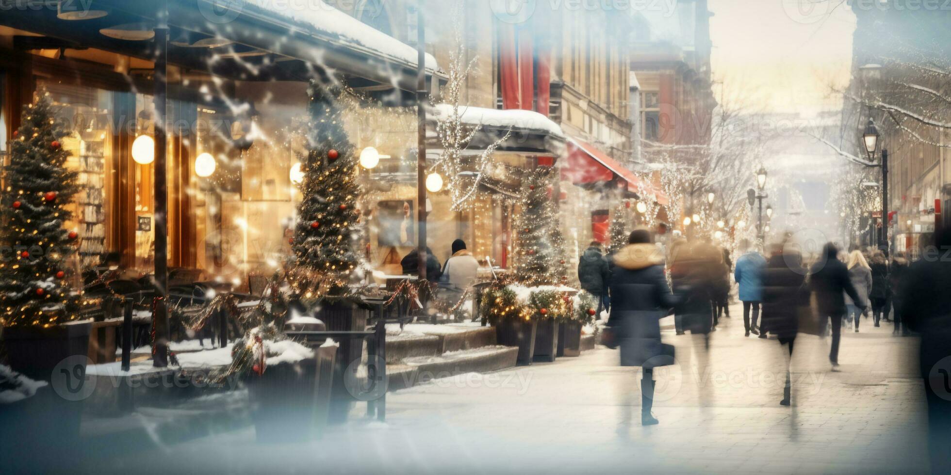 motion blurred street view and motion blurred prople walking along the street in winter season,winter Christmas market photo