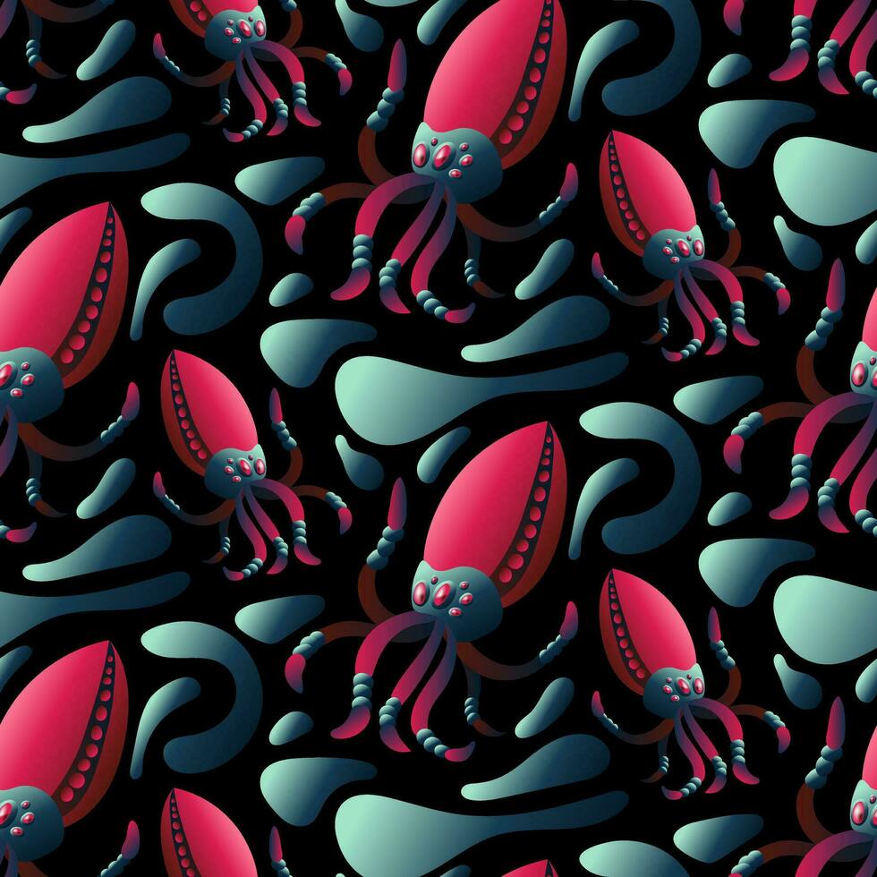 un modelo con espacio insectos en el formar de un calamar con tentáculos mecánico animales de azul y rosado colores mosca en espacio entre el agua en negro. vector degradado ilustración de un extraterrestre insecto