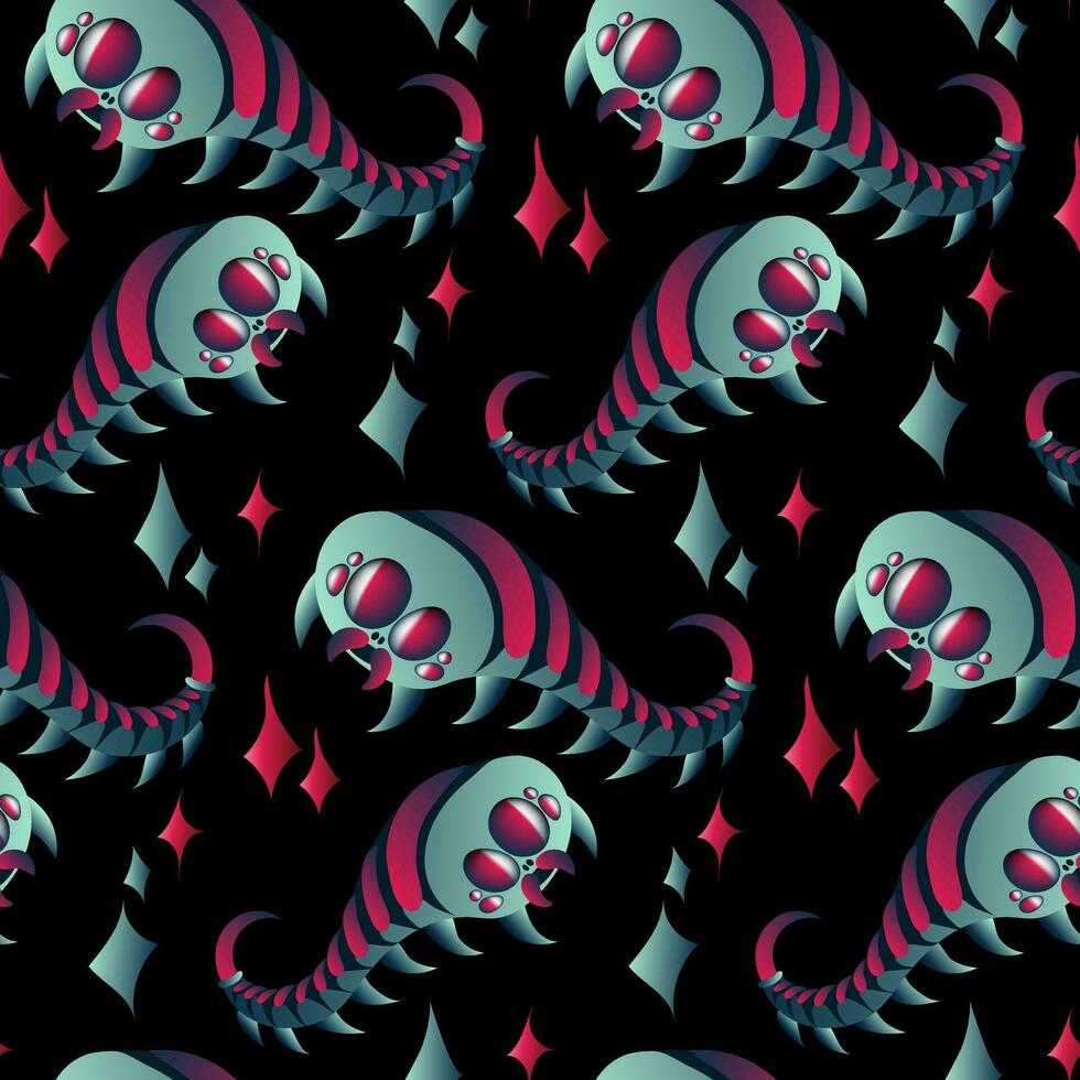 A pattern with space insects in the form of a centipede. Mechanical insects of blue and pink colors fly in space among the stars on black. Vector gradient illustration of an alien insect