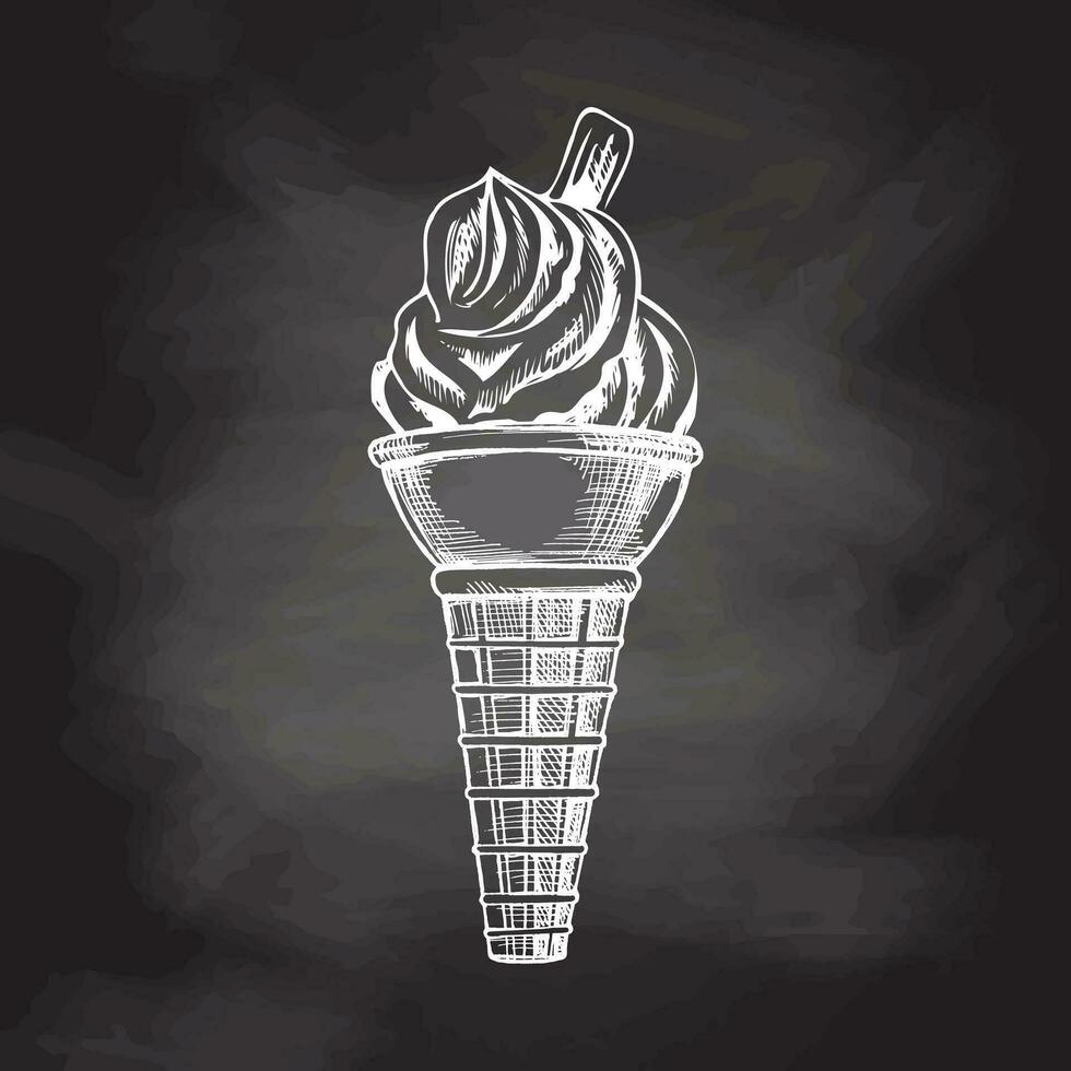 A hand-drawn sketch of a waffle cone with frozen yogurt or ice cream with cookies on chalkboard background. Vintage illustration. Element for the design of labels, packaging. vector