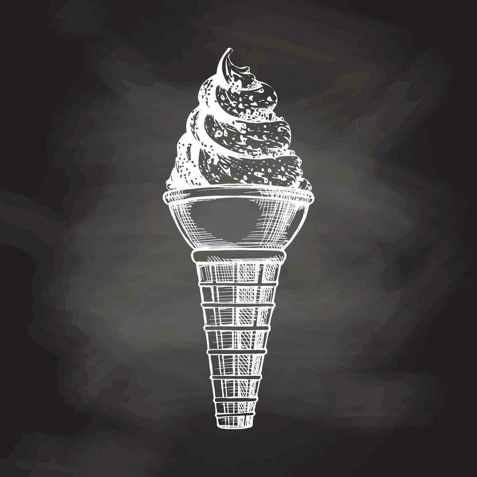 A hand-drawn sketch of a waffle cone with frozen yogurt or soft ice cream on chalkboard background. Vintage illustration. Element for the design of labels, packaging and postcards. vector