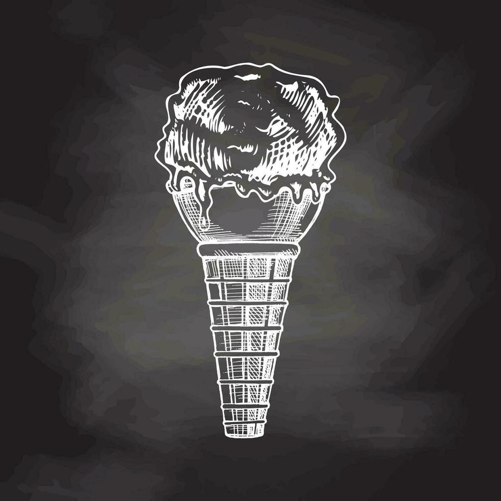 A hand-drawn sketch of a waffle cone with frozen yogurt or soft ice cream on chalkboard background. Vintage illustration. Element for the design of labels, packaging. vector