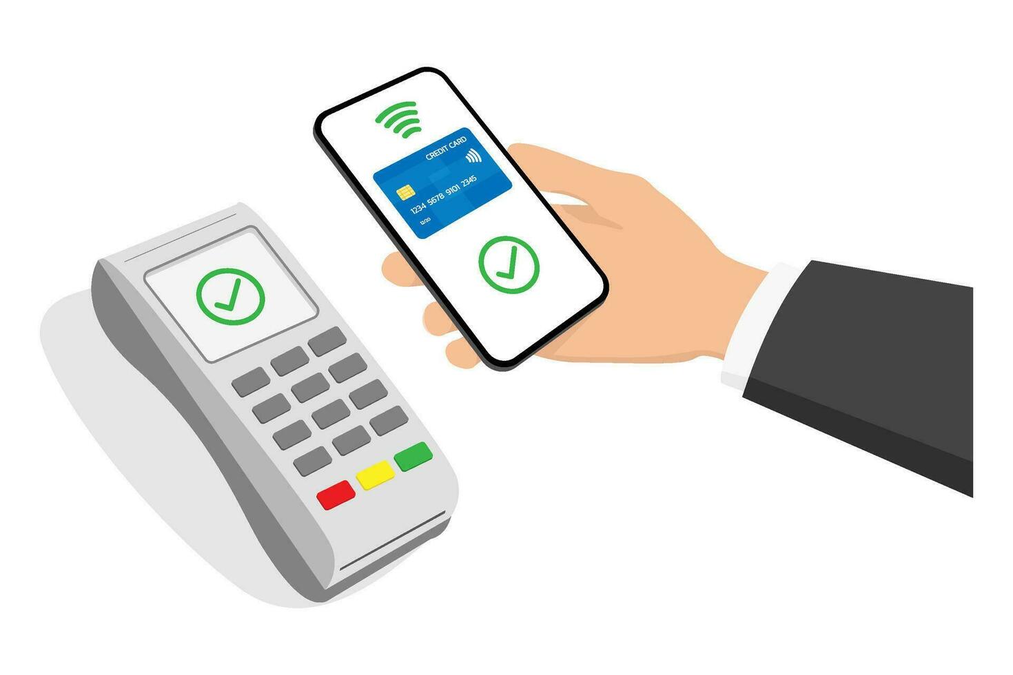 Mobile payment at payment terminal, contactless payment concept. Flat vector illustration