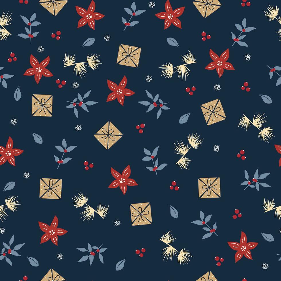 Seamless pattern with traditional Christmas foliage. Seamless design with red berries, pine branches, holly leaves and gift boxes on dark background vector