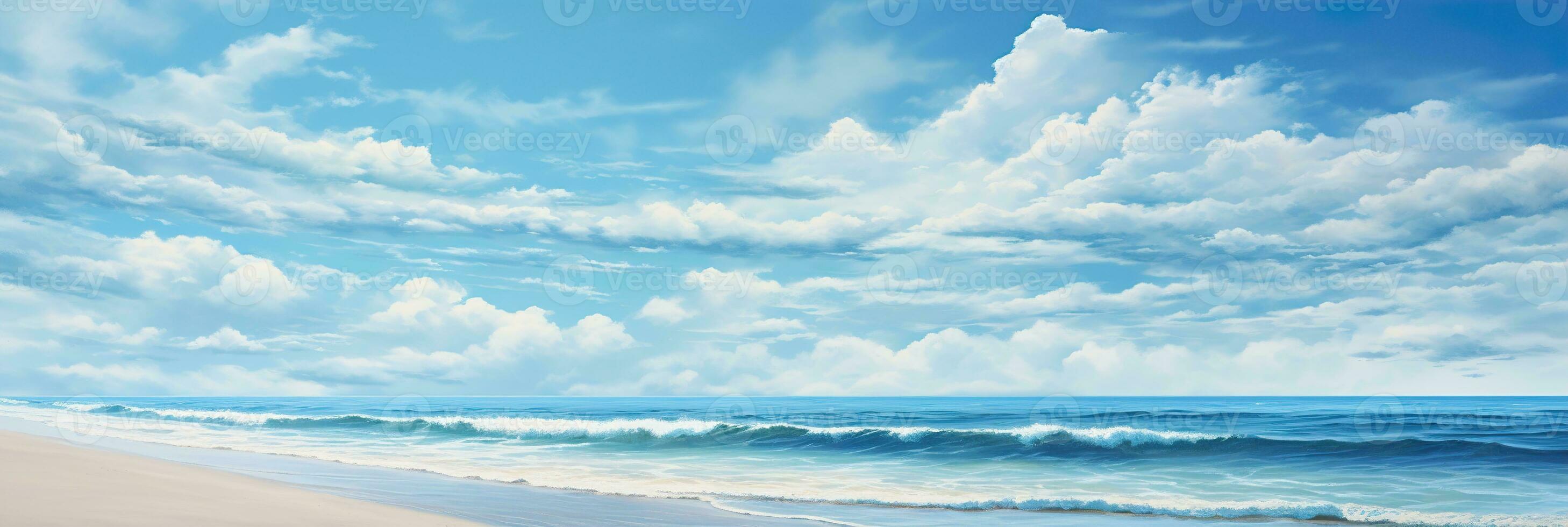 Serene beach scene with soft sandy shore, ocean waves, and a blue sky with fluffy clouds. Vacation mood that speaks of tranquility and relaxation. Peaceful holiday. Relax in the nature. Generative AI. photo