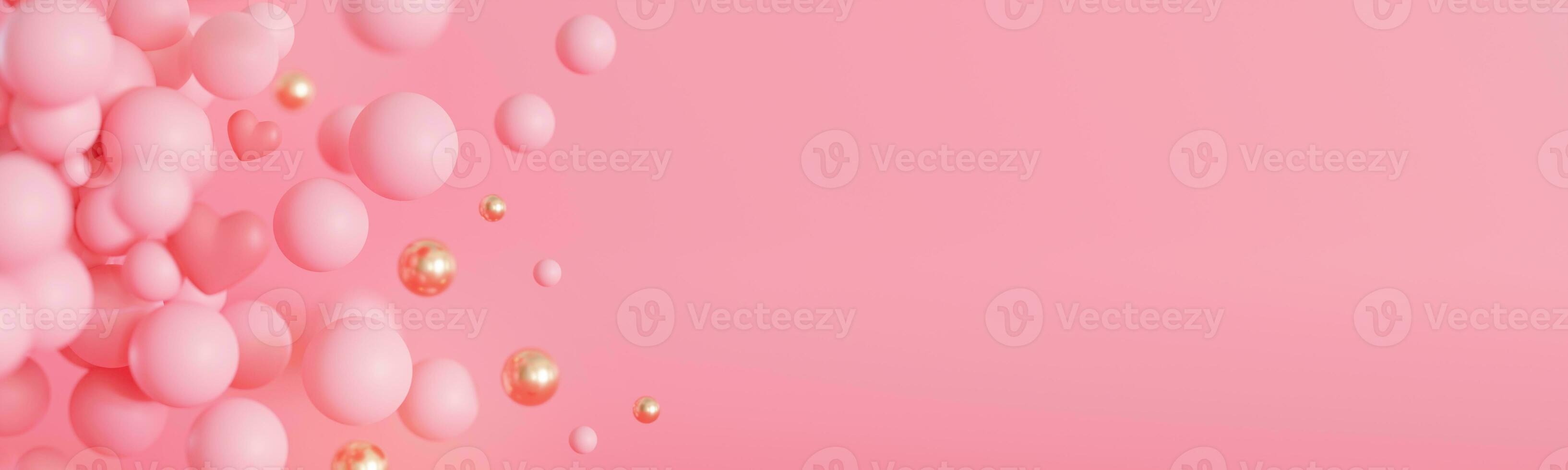 Pink background with bubbles, hearts and copy space. It's a girl banner with empty space. Baby shower or birthday invitation. Baby girl birth announcement. Valentine's Day, Mother's, Women's Day. 3D. photo