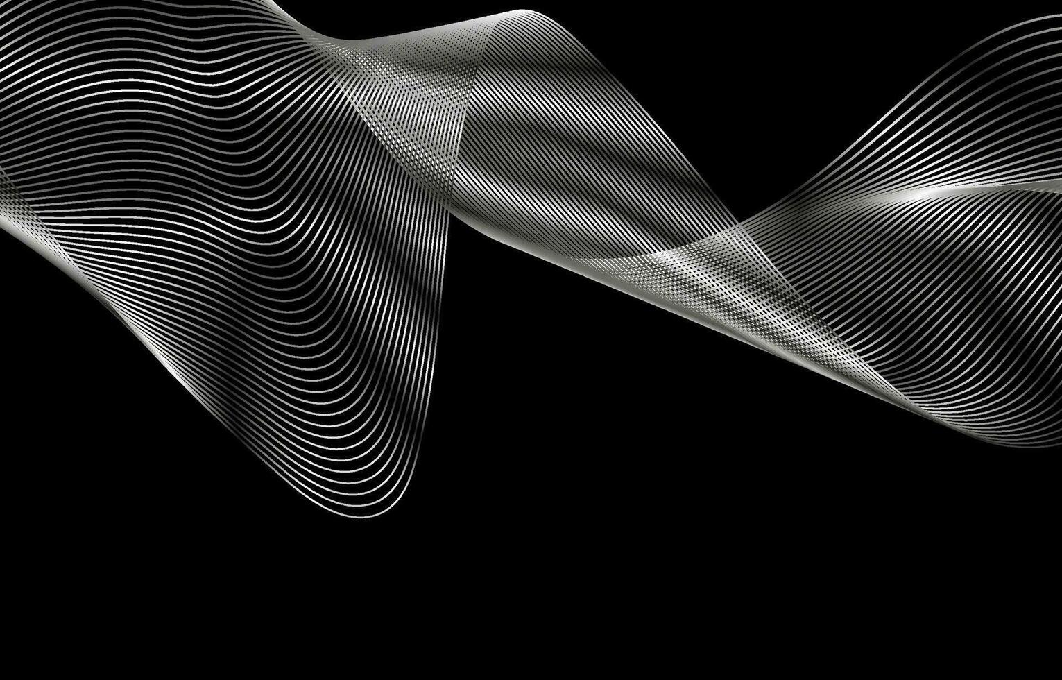 Silver Gradient Line Effect on black background. Dark Abstract template with Glowing Wave. Shiny moving lines design element. Modern platinum flowing wave lines. Vector Futuristic technology concept