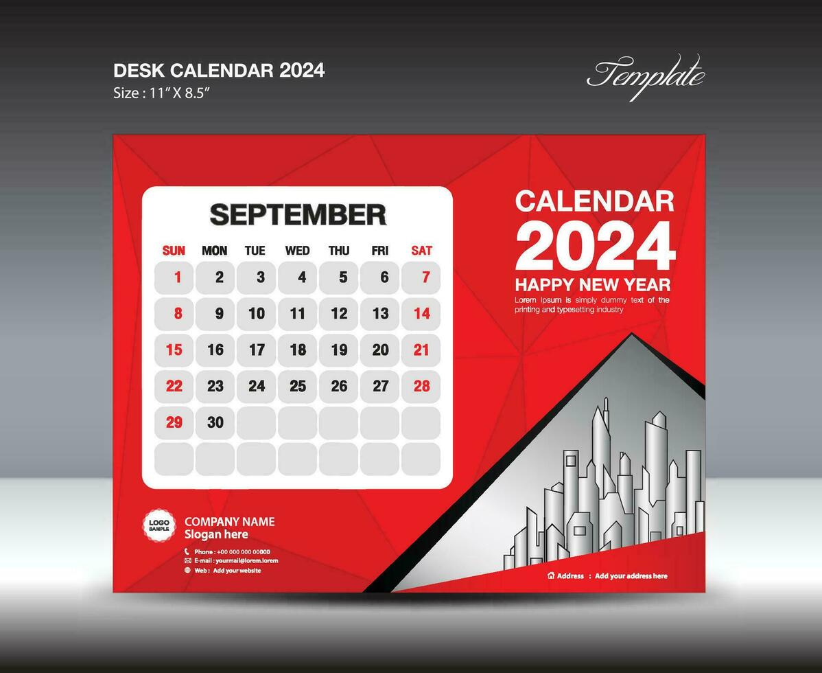 September 2024 template- Desk Calendar 2024 year template, wall calendar 2023 year, Week starts Sunday, Planner design, Stationery design, flyer design, printing media, red  polygon backgrund vector