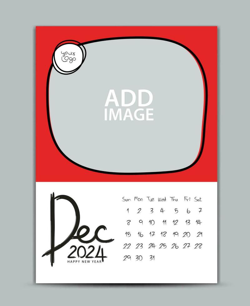 Calendar 2024 year design - December 2024, wall calendar 2024 year, Lettering calendar, Desk calendar template, week starts on sunday, printing, advertiement, Green background, vector