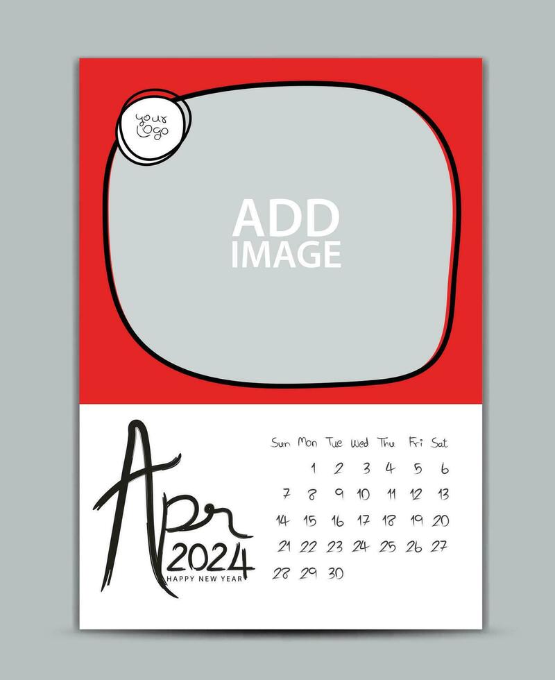 Calendar 2024 year design - April 2024, wall calendar 2024 year, Lettering calendar, Desk calendar template, week starts on sunday, printing, advertiement, Green background, vector