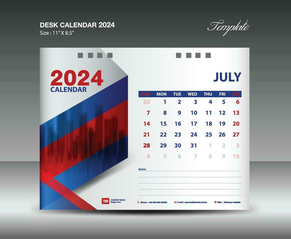 julio 2024 plantilla- escritorio calendario 2024 año plantilla, pared calendario 2024 año, semana empieza domingo, planificador diseño, papelería diseño, volantes diseño, impresión medios de comunicación, rojo y azul fondo vector