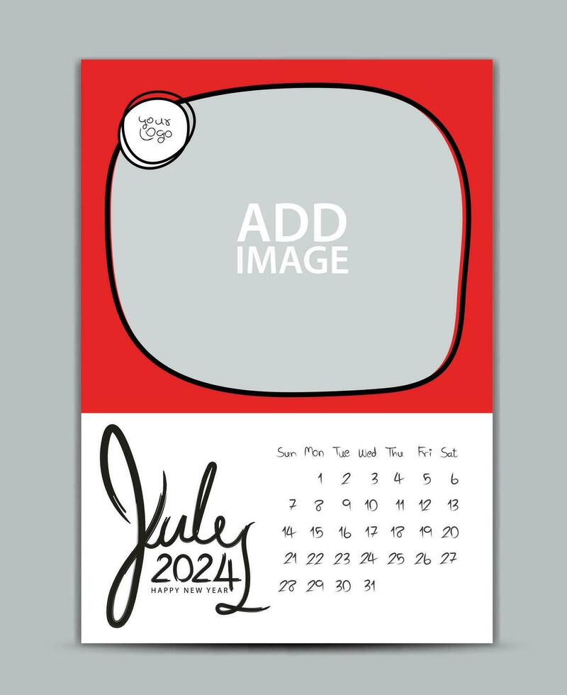 Calendar 2024 year design - July 2024, wall calendar 2024 year, Lettering calendar, Desk calendar template, week starts on sunday, printing, advertiement, Green background, vector