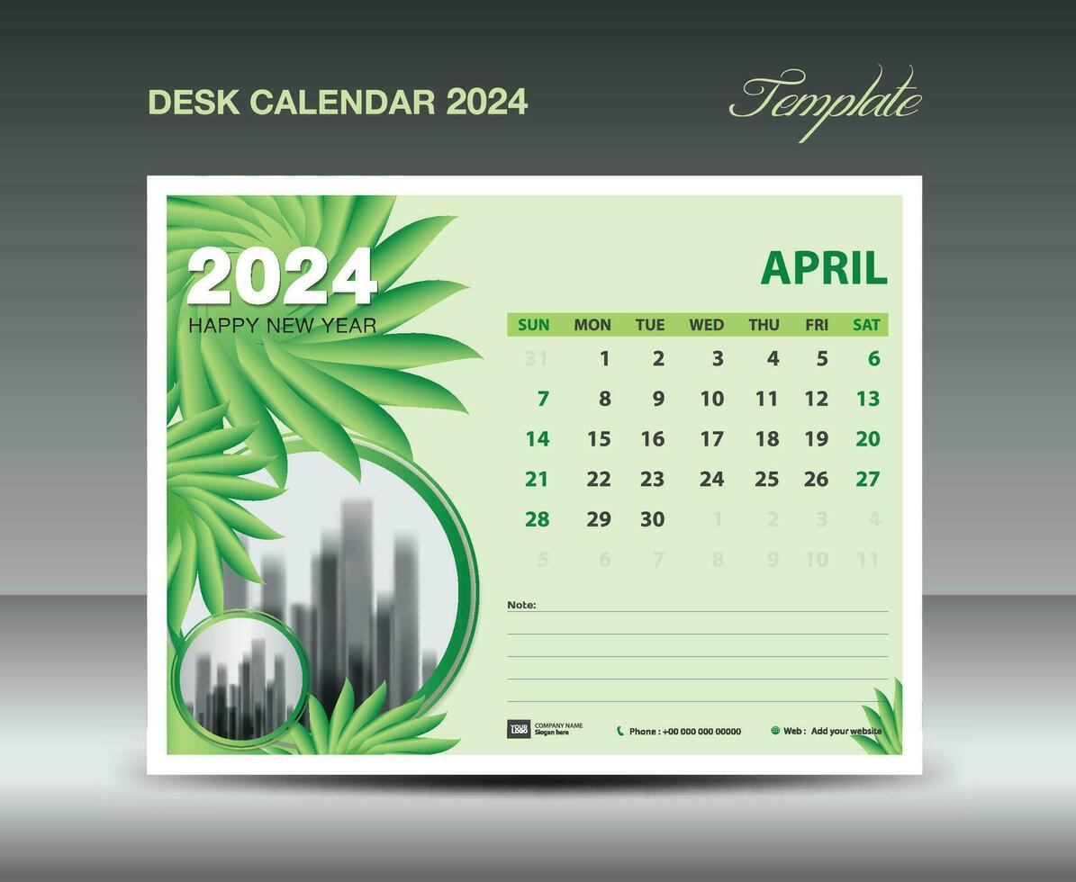 Calendar 2024 design- April 2024 template, Desk Calendar 2024 template Green flowers nature concept, planner, Wall calendar creative idea, advertisement, printing template, vector eps10