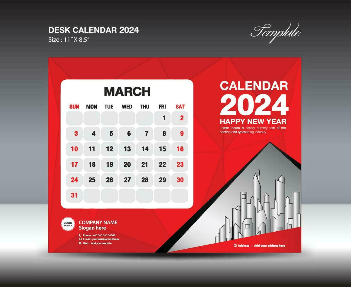 marzo 2024 plantilla- escritorio calendario 2024 año plantilla, pared calendario 2023 año, semana empieza domingo, planificador diseño, papelería diseño, volantes diseño, impresión medios de comunicación, rojo polígono fondo vector