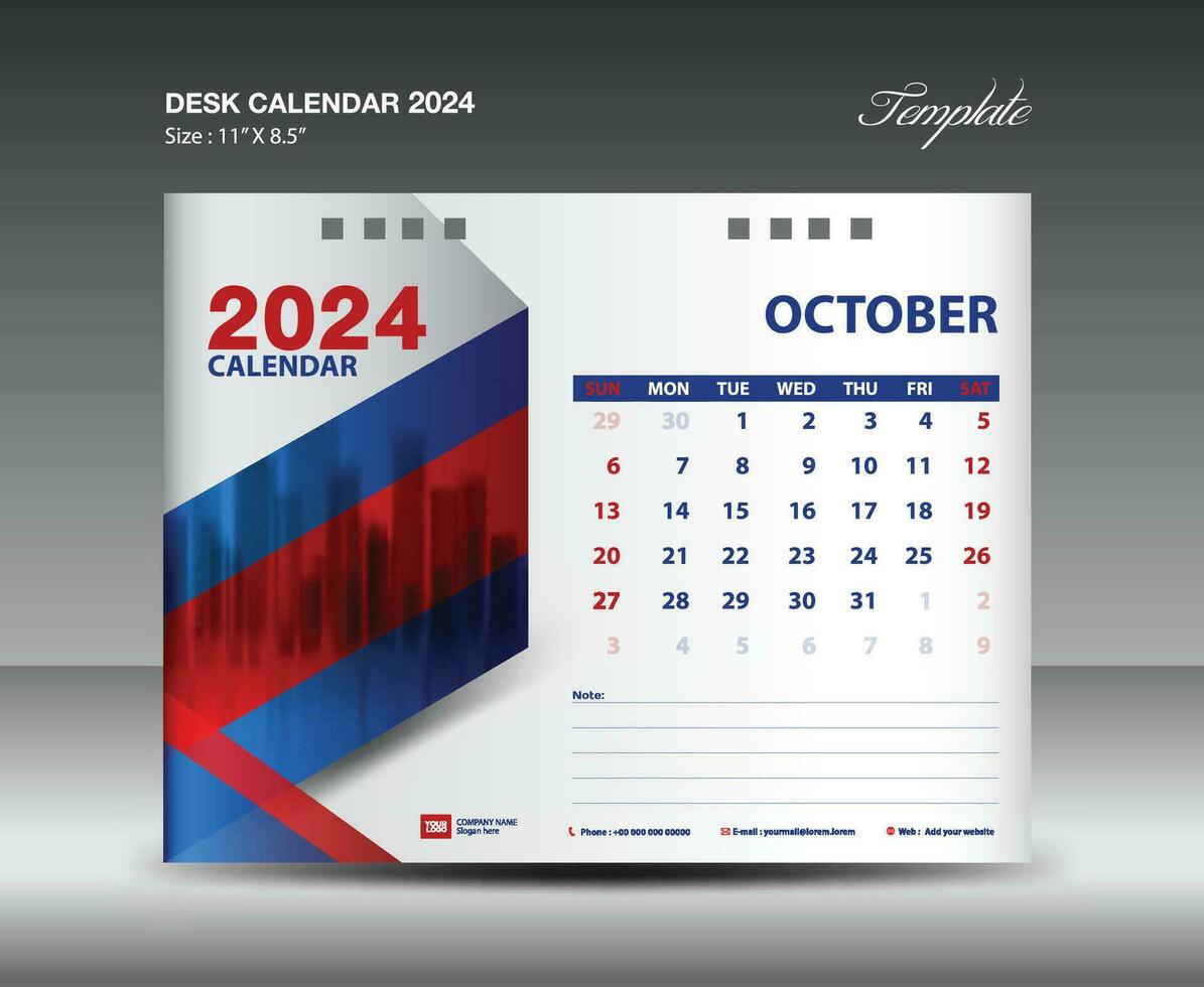 octubre 2024 plantilla- escritorio calendario 2024 año plantilla, pared calendario 2024 año, semana empieza domingo, planificador diseño, papelería diseño, volantes diseño, impresión medios de comunicación, rojo y azul fondo vector