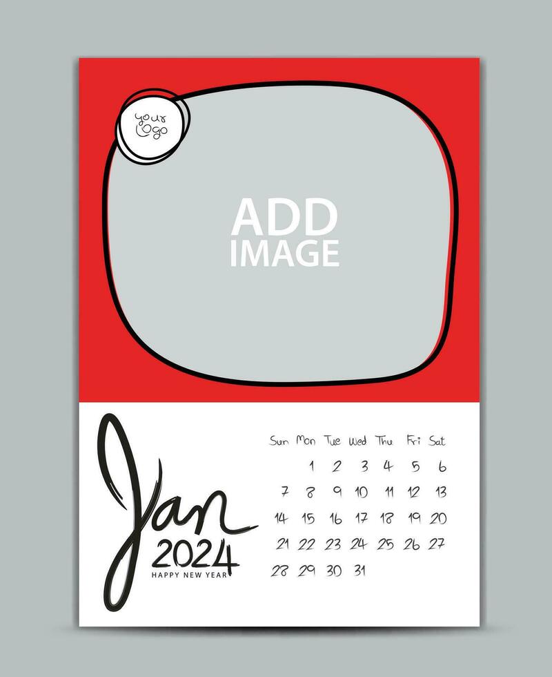 Calendar 2024 year design - January 2024, wall calendar 2024 year, Lettering calendar, Desk calendar template, week starts on sunday, printing, advertiement, Green background, vector