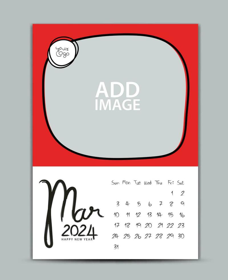 Calendar 2024 year design - March 2024, wall calendar 2024 year, Lettering calendar, Desk calendar template, week starts on sunday, printing, advertiement, Green background, vector