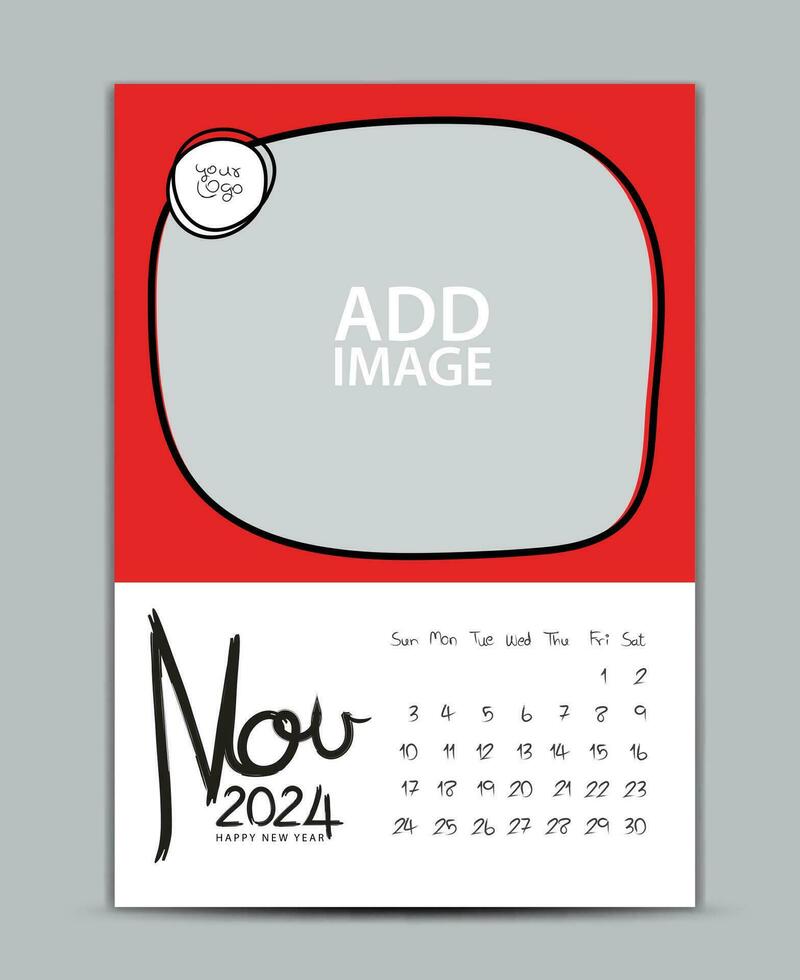 Calendar 2024 year design - November 2024, wall calendar 2024 year, Lettering calendar, Desk calendar template, week starts on sunday, printing, advertiement, Green background, vector