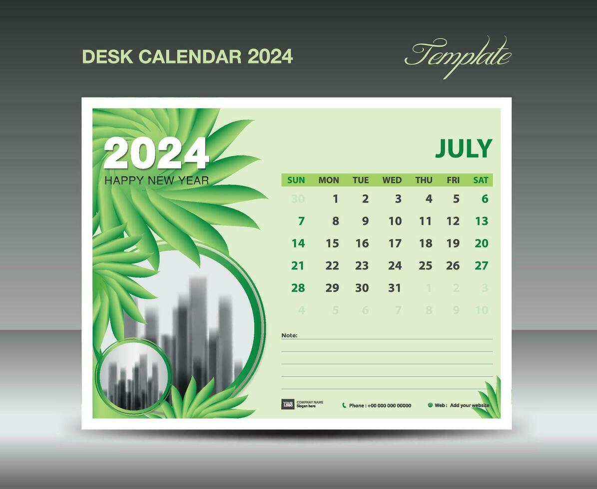 calendario 2024 diseño- julio 2024 plantilla, escritorio calendario 2024 modelo verde flores naturaleza concepto, planificador, pared calendario creativo idea, anuncio publicitario, impresión plantilla, vector eps10