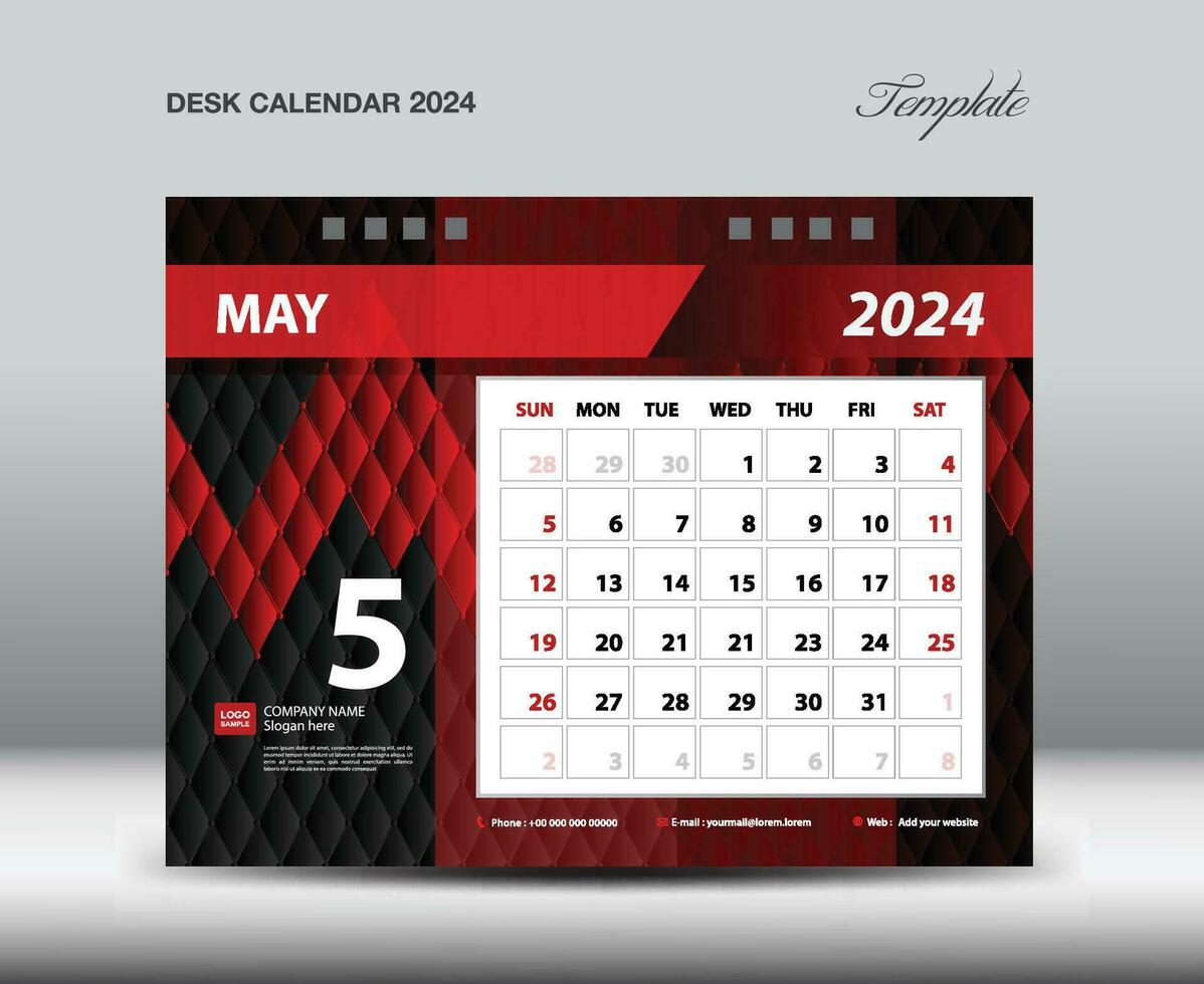 May  2024 year- Desk Calendar 2024 template vector, Week starts Sunday, Planner design, Stationery design, flyer design, wall calendar 2024 year design, printing media creative idea vector