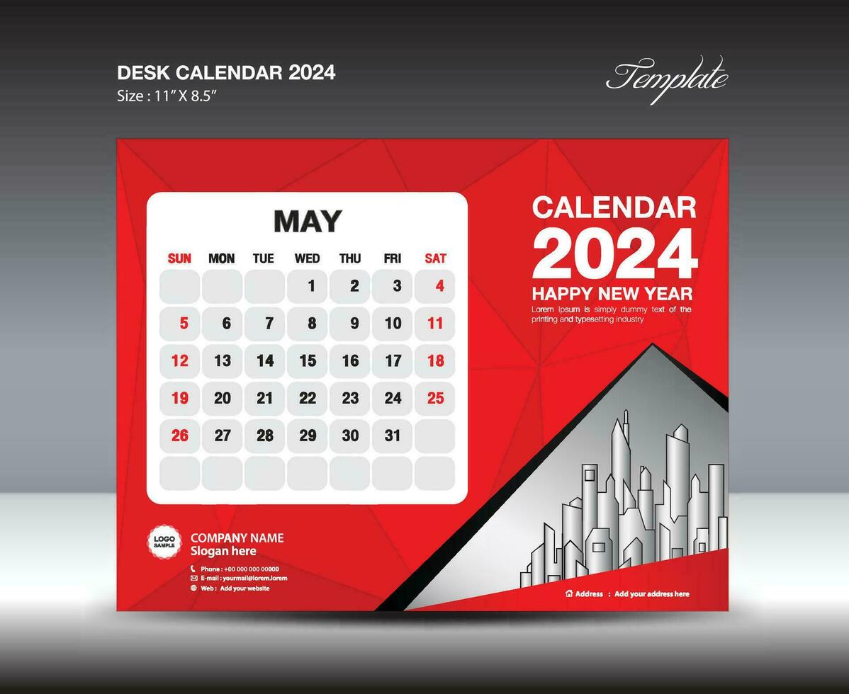 mayo 2024 plantilla- escritorio calendario 2024 año plantilla, pared calendario 2023 año, semana empieza domingo, planificador diseño, papelería diseño, volantes diseño, impresión medios de comunicación, rojo polígono fondo vector