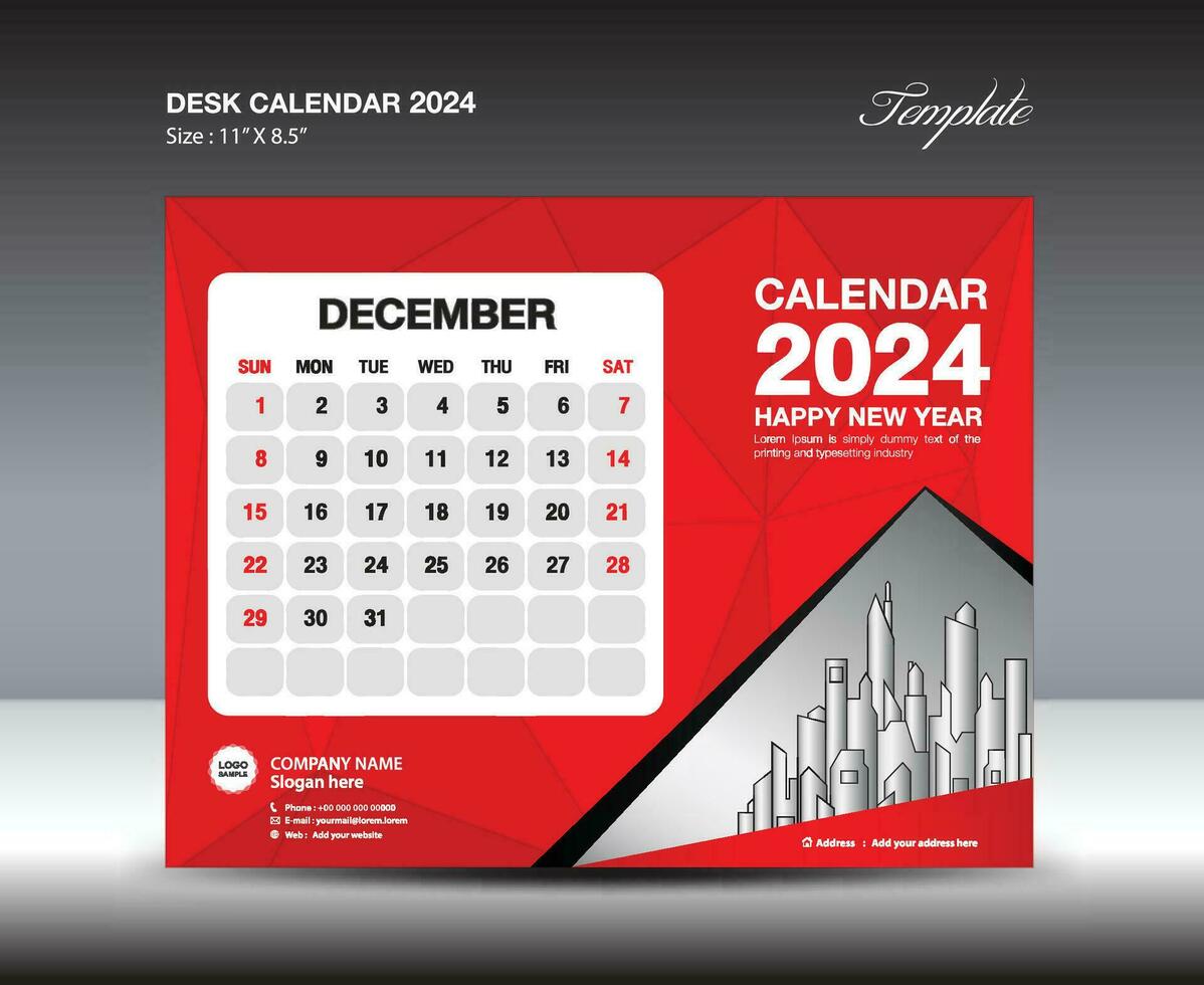 December 2024 template- Desk Calendar 2024 year template, wall calendar 2023 year, Week starts Sunday, Planner design, Stationery design, flyer design, printing media, red  polygon backgrund vector