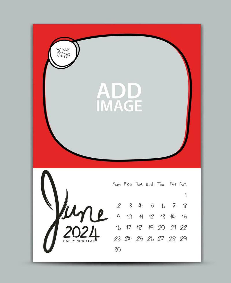 Calendar 2024 year design - June 2024, wall calendar 2024 year, Lettering calendar, Desk calendar template, week starts on sunday, printing, advertiement, Green background, vector