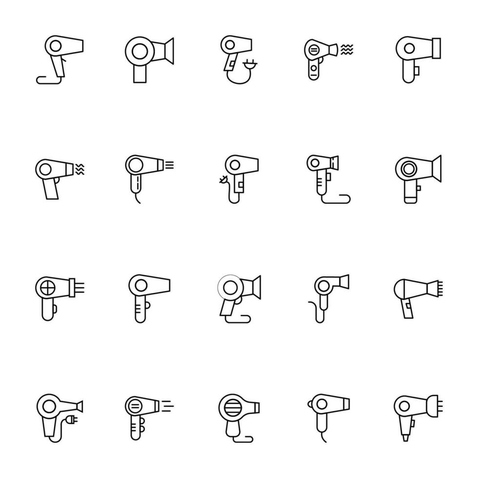 Hairdryer Vector Icons Collection. Suitable for books, stores, shops. Editable stroke in minimalistic outline style. Symbol for design