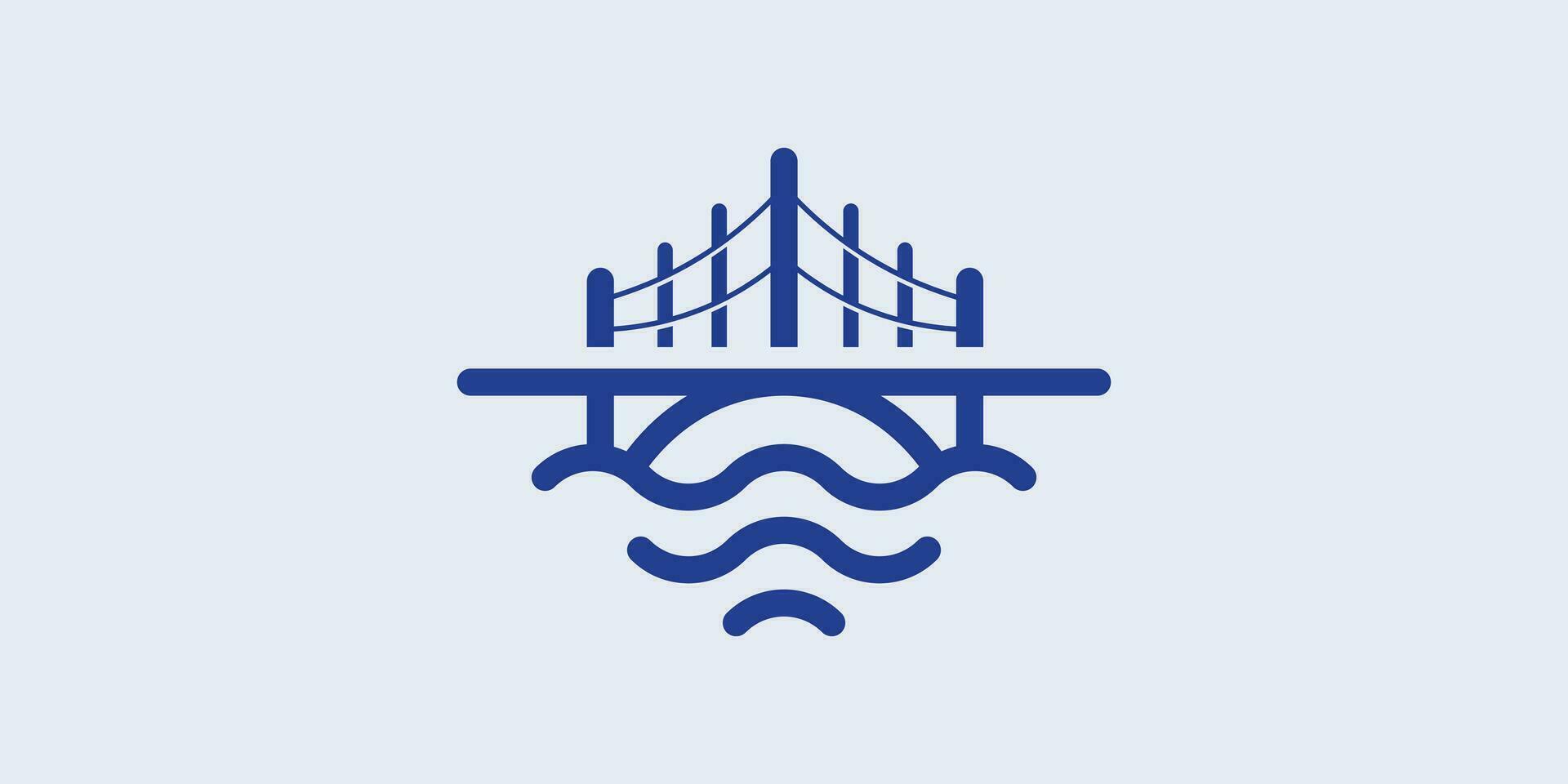 The minimalist bridge logo with sea waves is made with a line style. vector