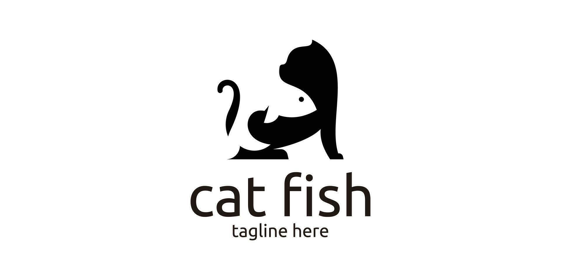 logo design combination of cat and fish shapes, negative space logo. vector