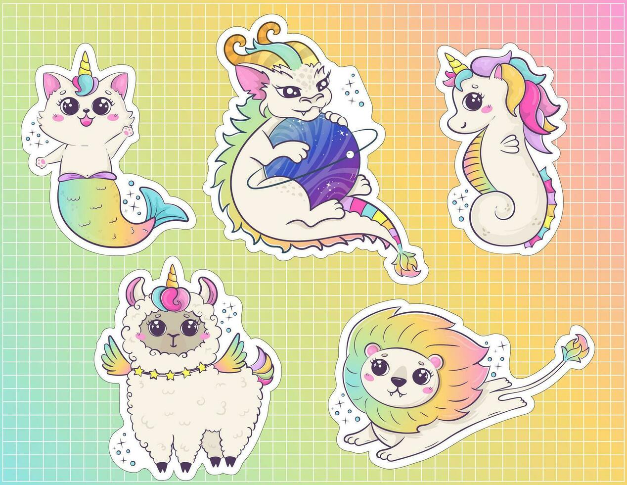 conjunto de pegatinas con linda arco iris animales alpaca, llama, gato, sirena, continuar y caballo de mar. fantástico kawaii caracteres. vector ilustración de imprimible