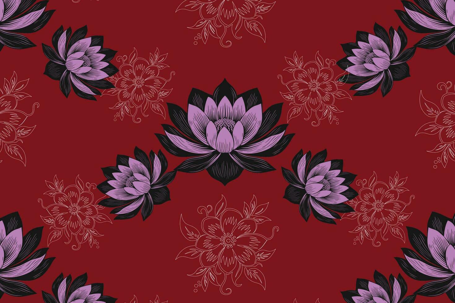 Diagonal Pattern of Detailed Pink and Black Lotus Flowers on a Deep Red Background vector
