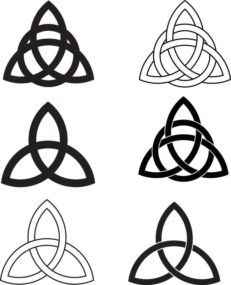 triquetra símbolo conjunto de céltico trinidad nudo. triquetra céltico nudo glifo icono. céltico nudo símbolo. trinidad signo. plano estilo. vector