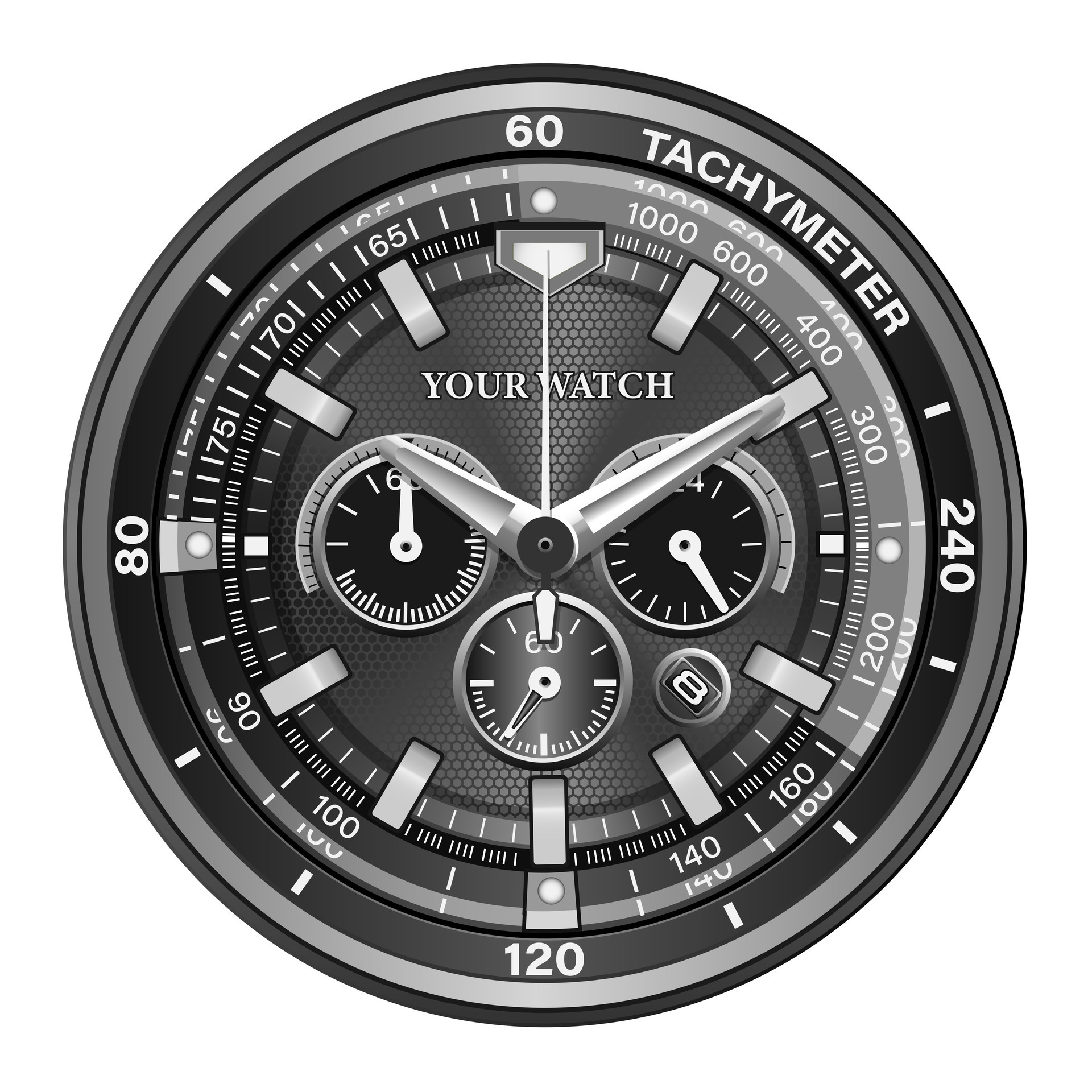 Realistic black silver clock watch face chronograph luxury on white