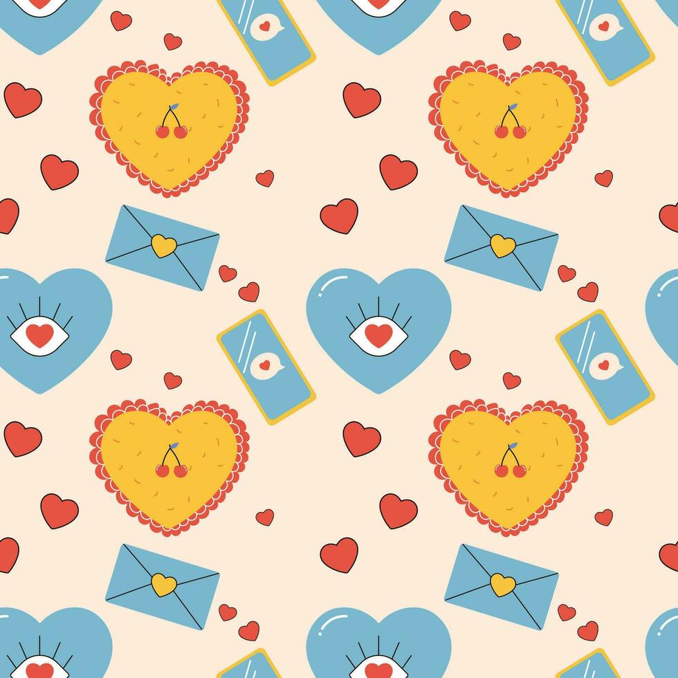 Seamless pattern groovy valentine's day, hearts, cute character vector